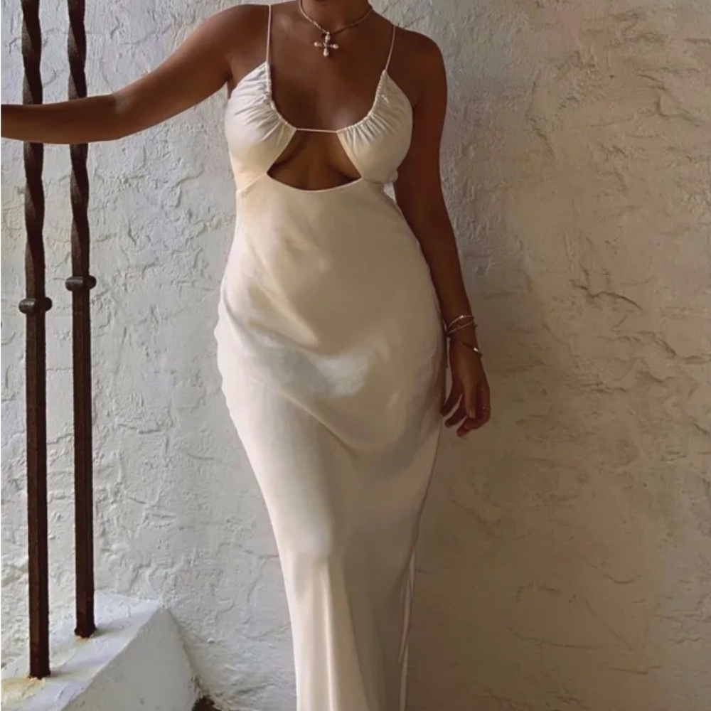 Meshki Sadie Maxi Satin Halter Ruched Slip Dress - White